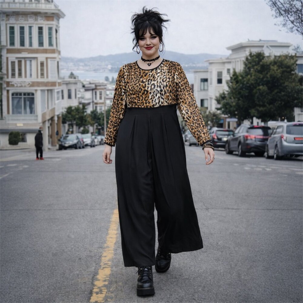 Metallic 80s Leopard Burnout Palazzo Power Jumpsuit